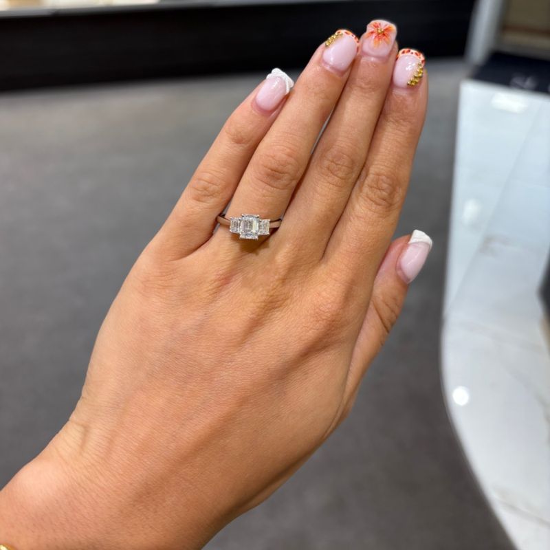 18ct White Gold Lab-Grown Diamond Three Stone Emerald Cut Ring 1.50ct