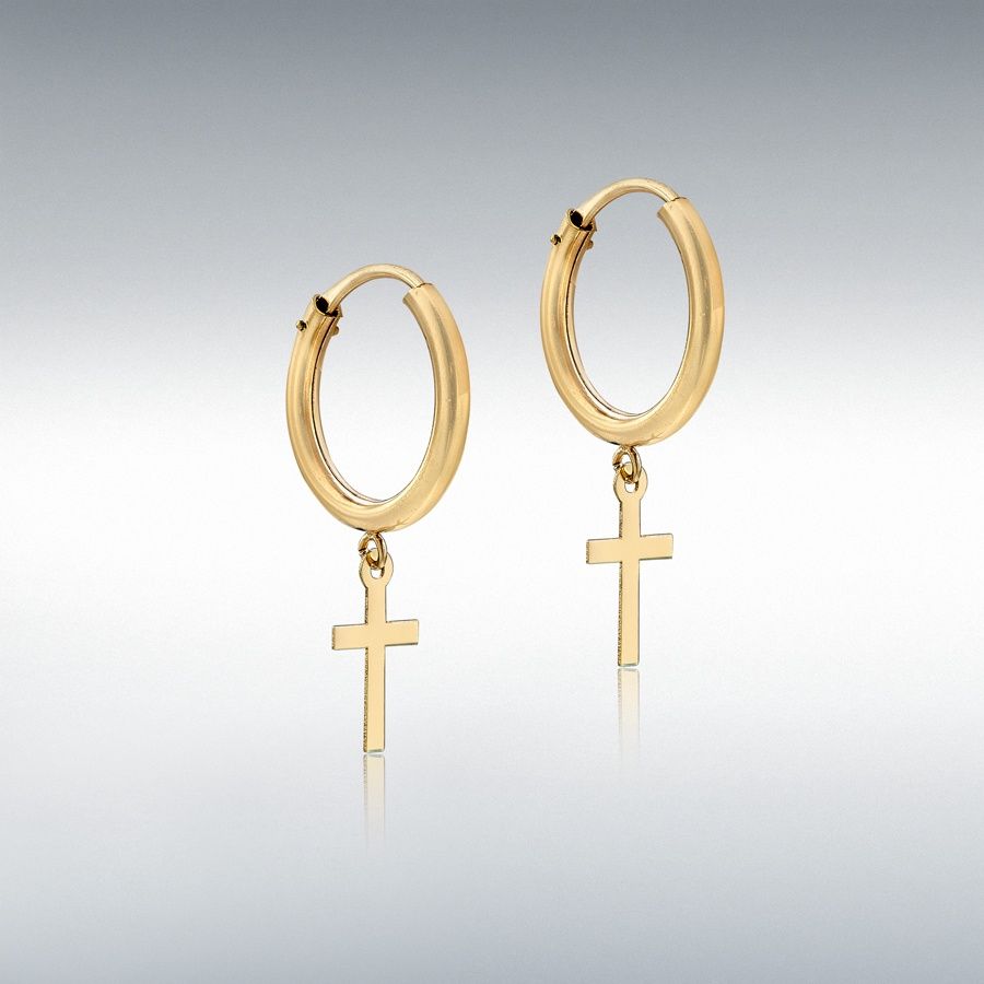 9ct Yellow Gold 4.5mm x 20.5mm &#39;Cross&#39; Sleeper Hoop Earrings