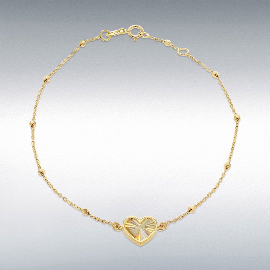 9ct Yellow Gold Rainbow Heart Adjustable Trace and Ball Bracelet 7&quot;-7.5&quot;