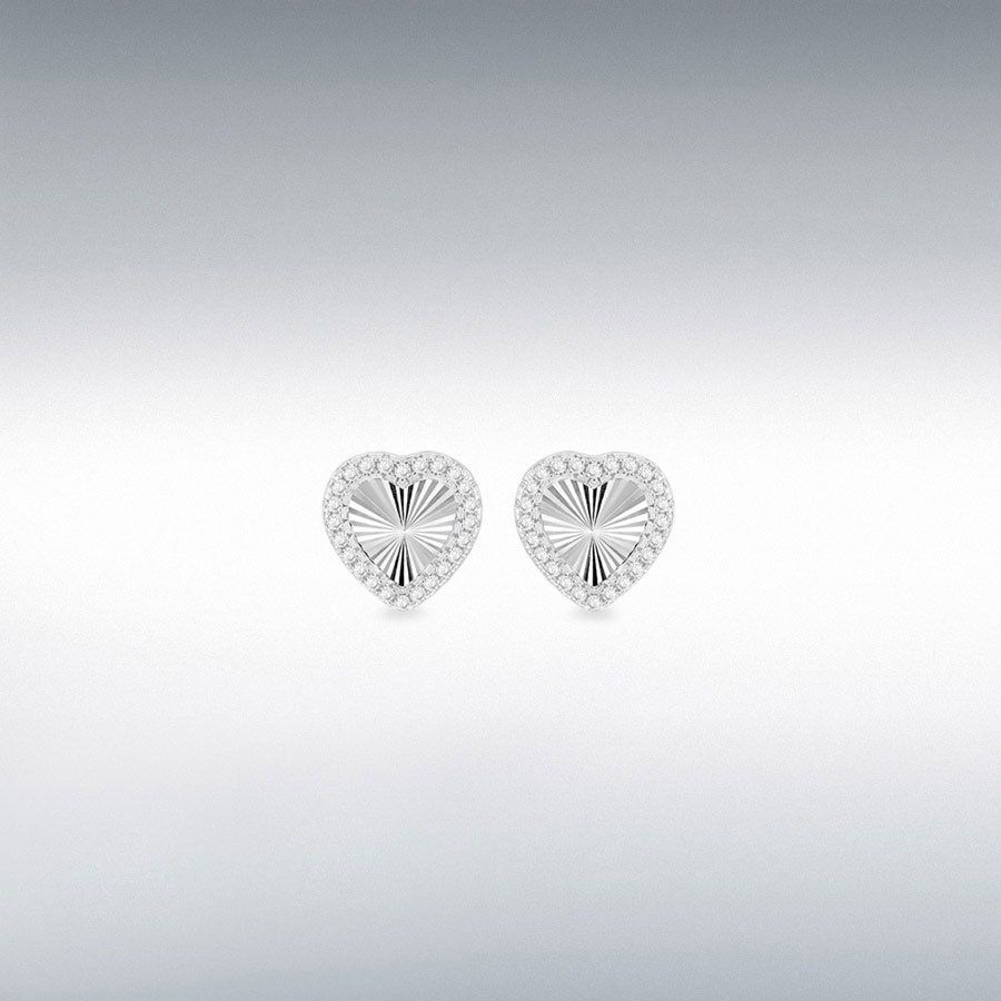 Sterling Silver Rhodium Plated 11mm Rainbow Heart and 1mm CZ Stud Earrings
