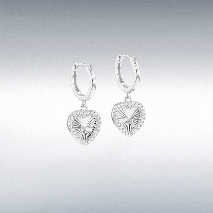 Sterling Silver Rhodium Plated 1mm CZ Rainbow Heart Hoop Earrings