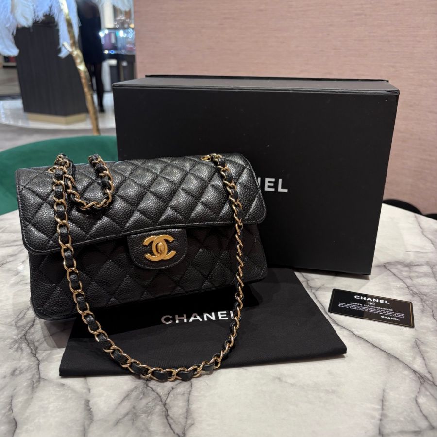 Pre-Owned Chanel Small Classic Double Flap Bag in Black Caviar Leather with Gold-Tone Hardware