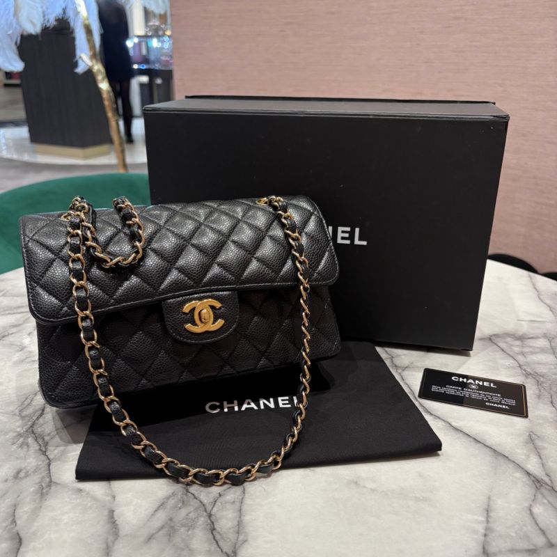 Pre-Owned Chanel Small Classic Double Flap Bag in Black Caviar Leather with Gold-Tone Hardware