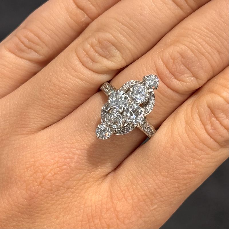 Pre-Owned Vintage 18ct White Gold 2.10ct Old Mine &amp; European Cut Diamond Cluster Ring