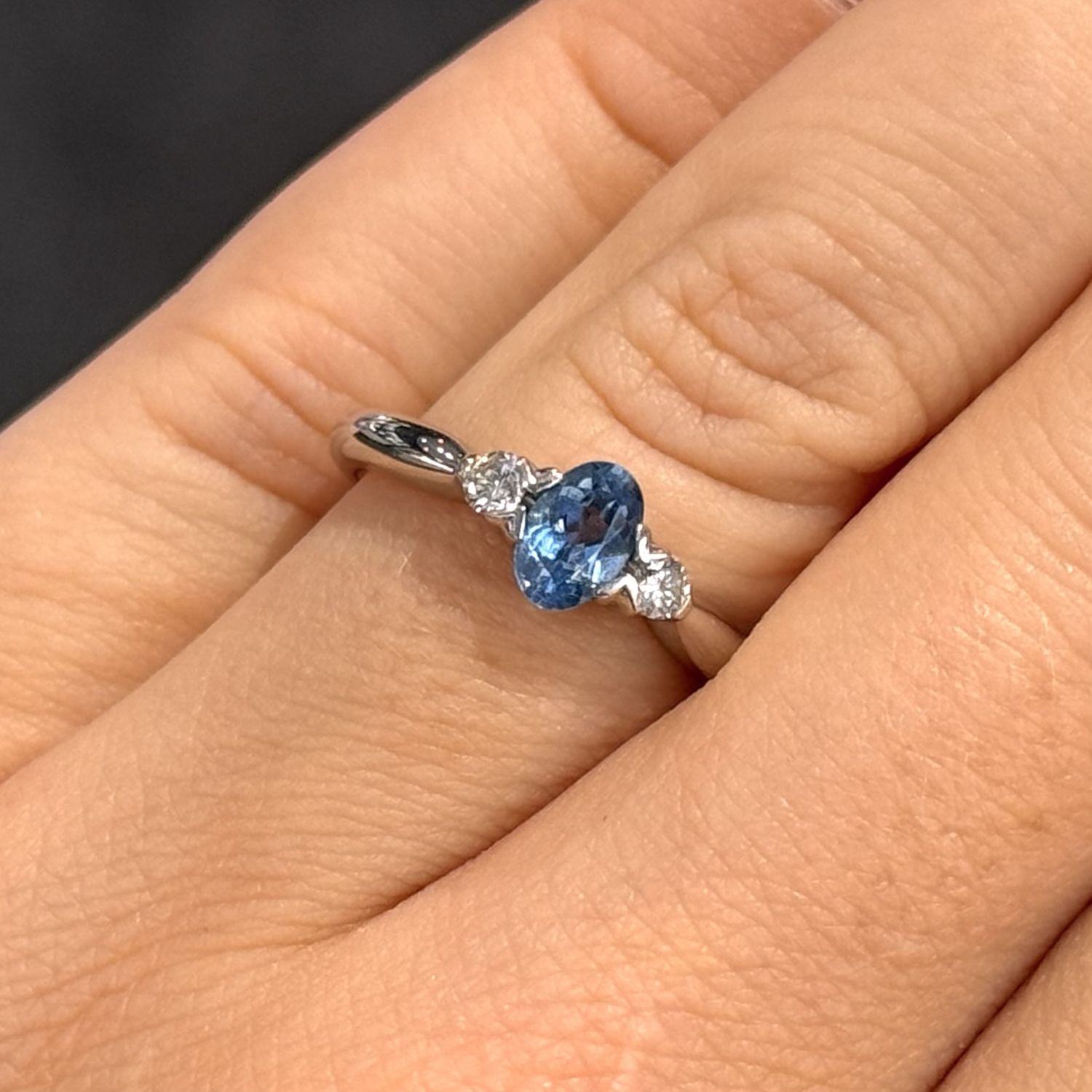 18ct White Gold 0.44ct Oval Aquamarine &amp; 0.12ct Diamond Three Stone Ring