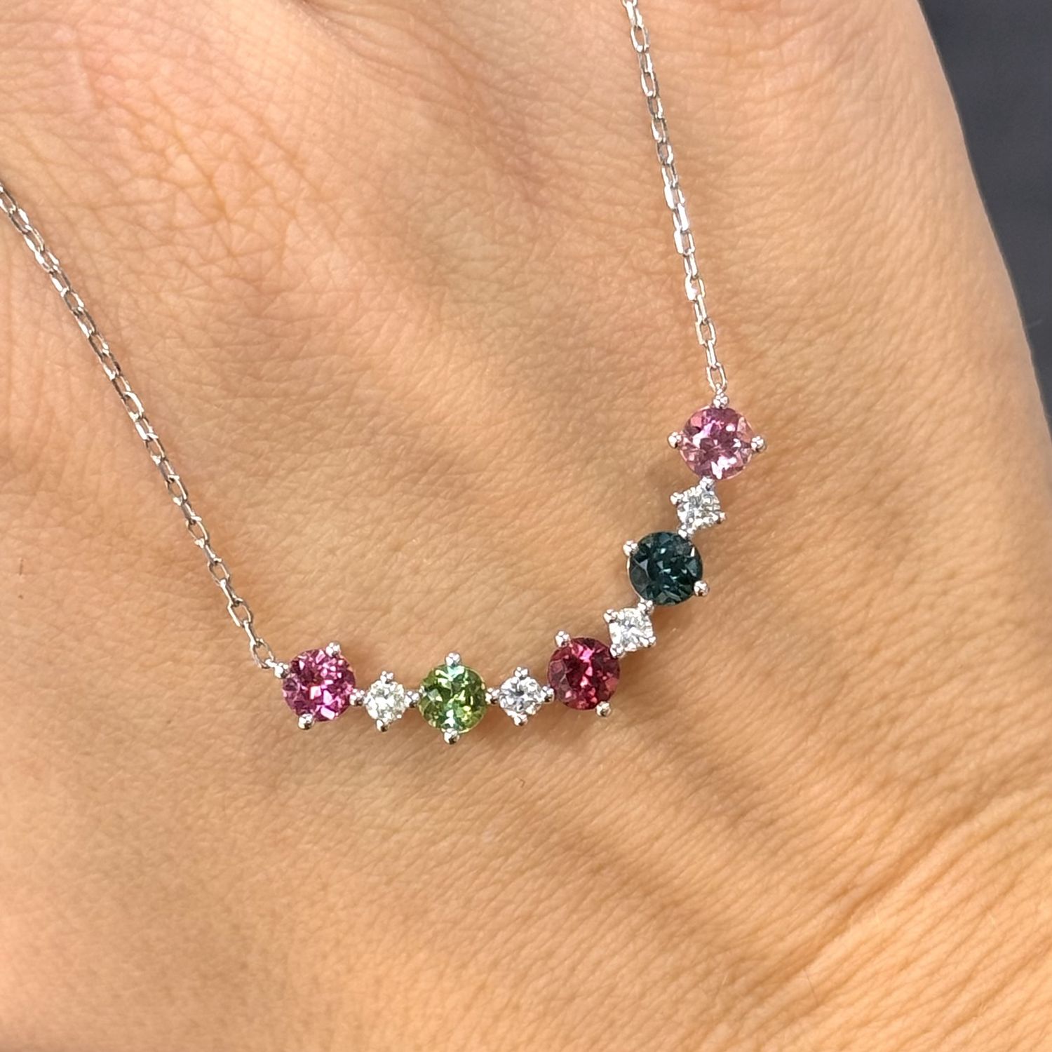 18ct White Gold Multi Tourmaline &amp; Diamond Bar Necklace