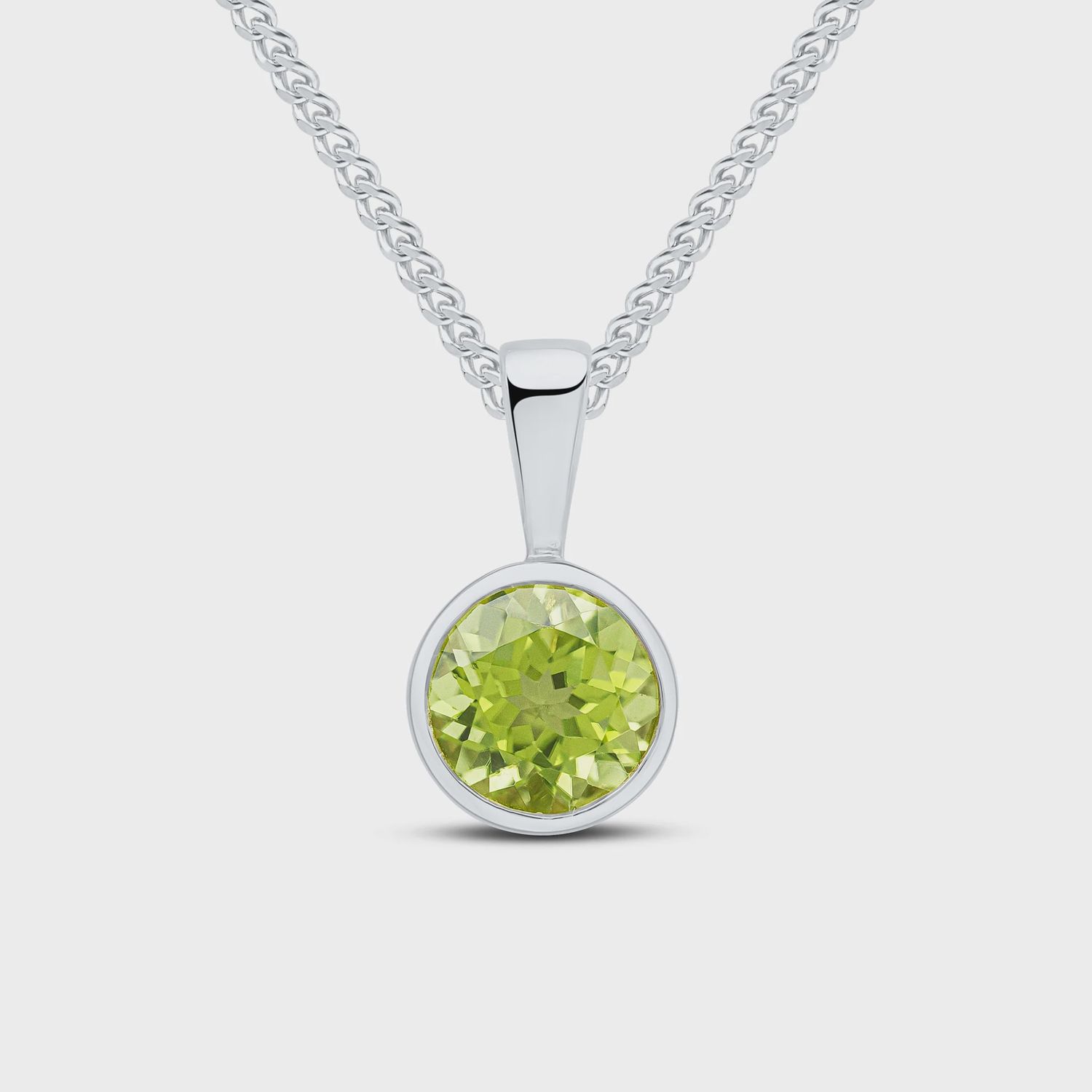 9ct White Gold 6mm Round Peridot Rubover Pendant