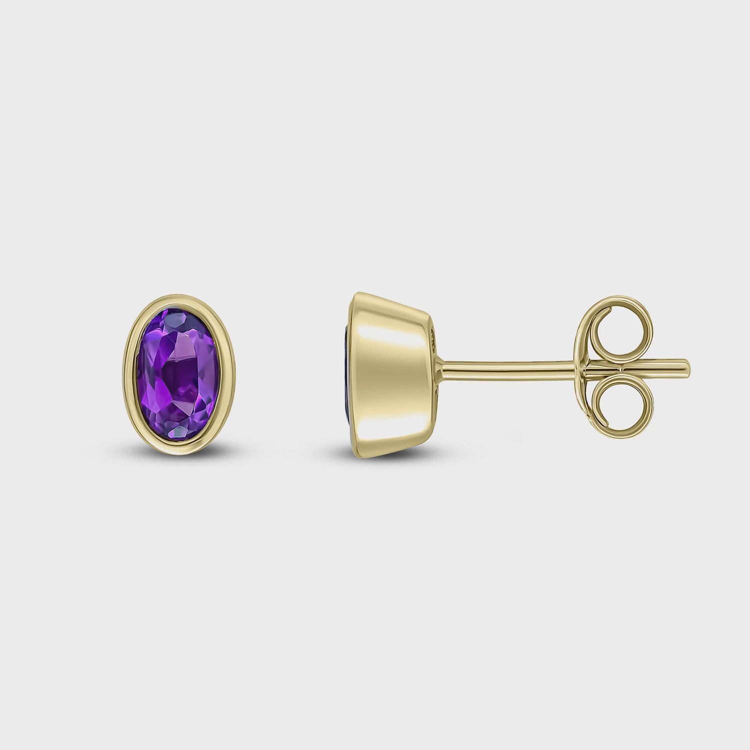 9ct Yellow Gold Oval Amethyst Rubover Stud Earrings