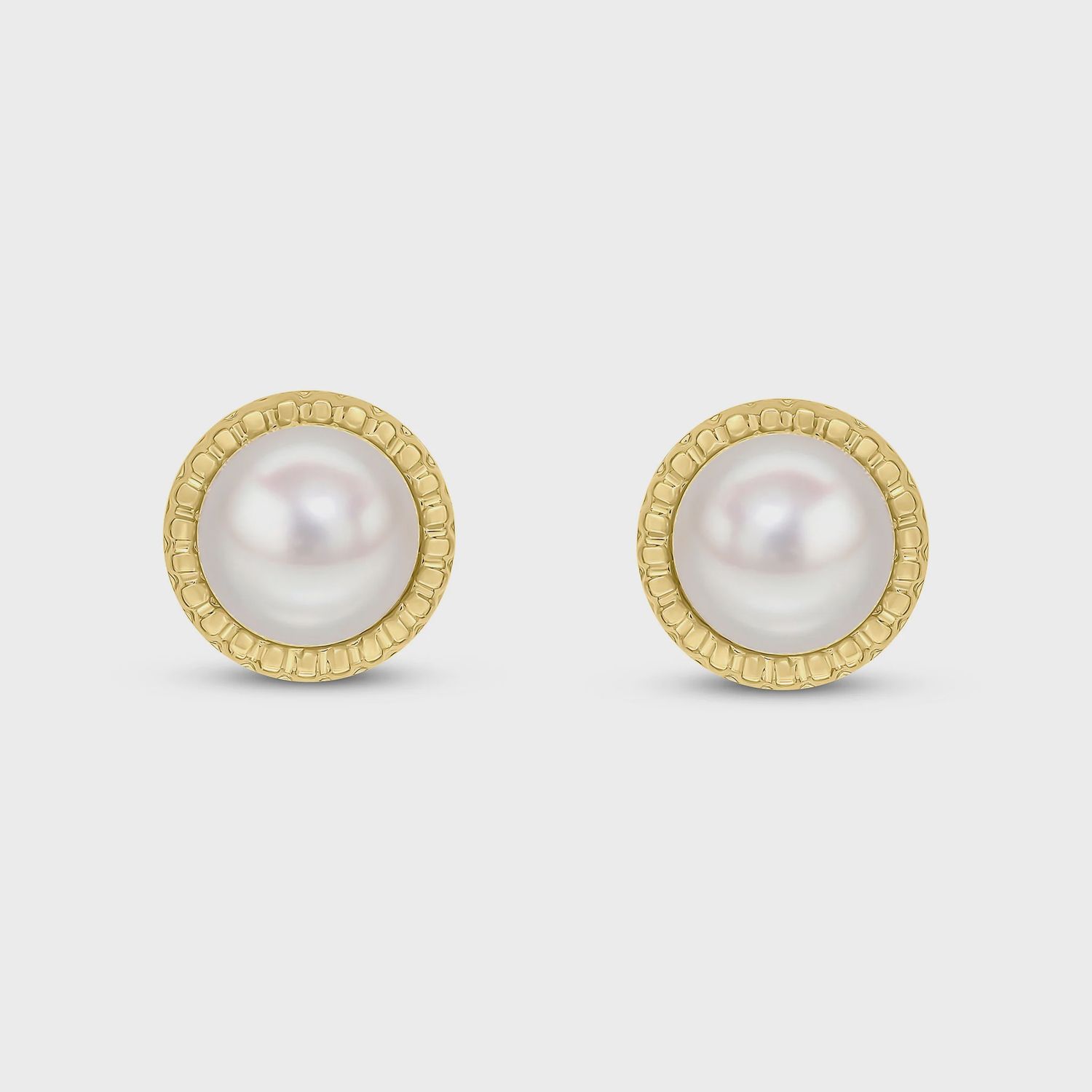 9ct Yellow Gold Button Pearl &amp; Textured Border Stud Earrings