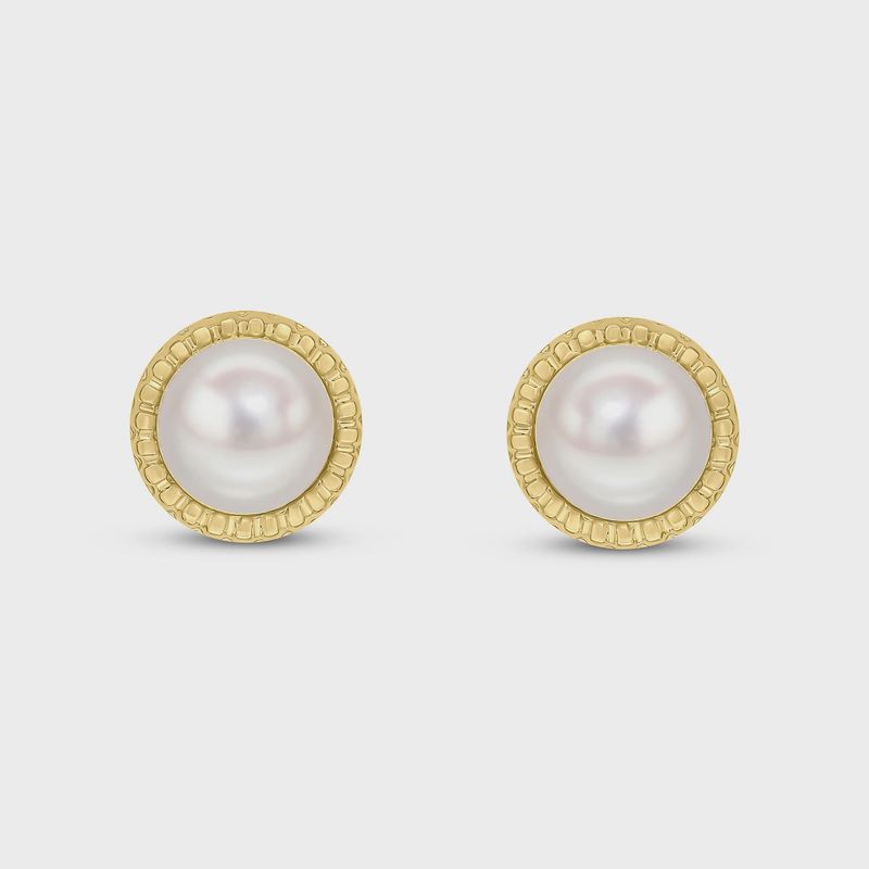 9ct Yellow Gold Button Pearl & Textured Border Stud Earrings 9ct Yellow Gold Button Pearl & Textured Border Stud Earrings