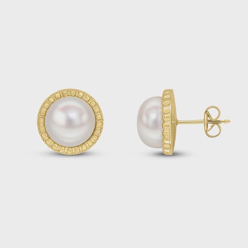 9ct Yellow Gold Button Pearl &amp; Textured Border Stud Earrings
