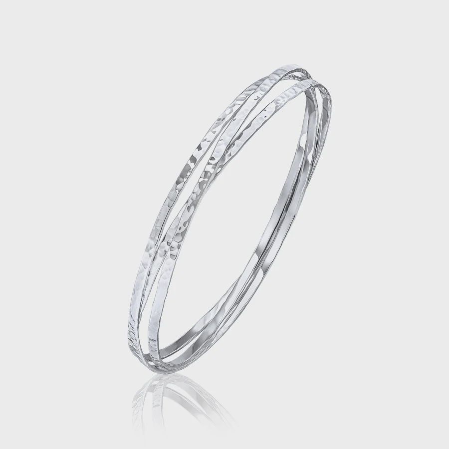 Silver 2mm Solid Flat Profile Hammered Russian Bangle 62mm