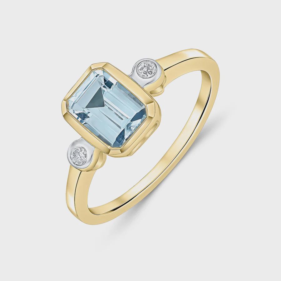 9ct Yellow Gold Octagonal Aquamarine &amp; Diamond Three Stone Ring