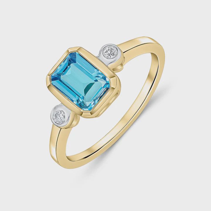 9ct Yellow Gold Octagonal Swiss Blue &amp; Diamond Three Stone Ring