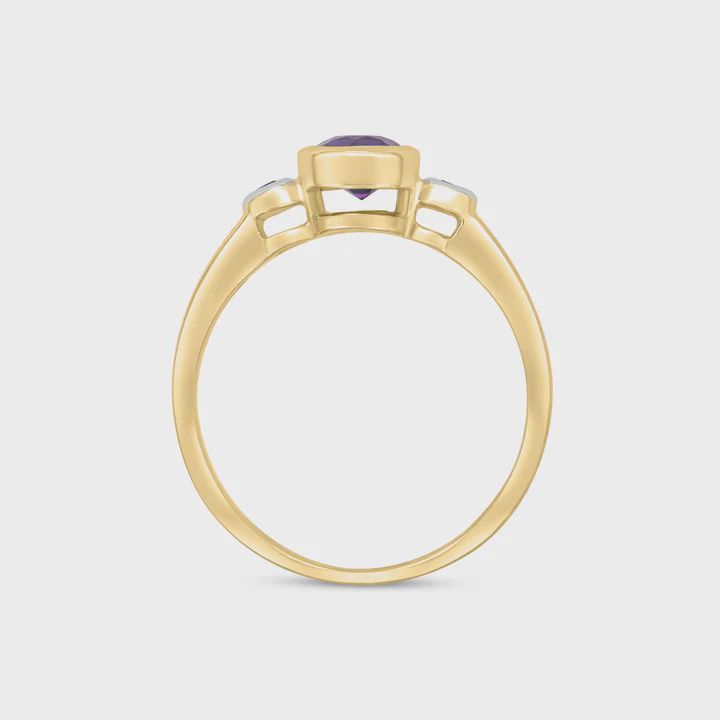9ct Yellow Gold Round Rubover Amethyst & Diamond Three Stone Ring 5mm