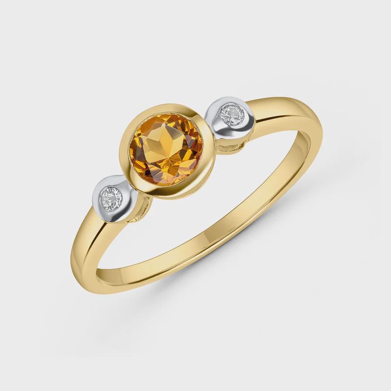 9CT Yellow Gold Round Citrine & Diamond Rubover Three Stone Ring 5mm 9CT Yellow Gold Round Citrine & Diamond Rubover Three Stone Ring 5mm
