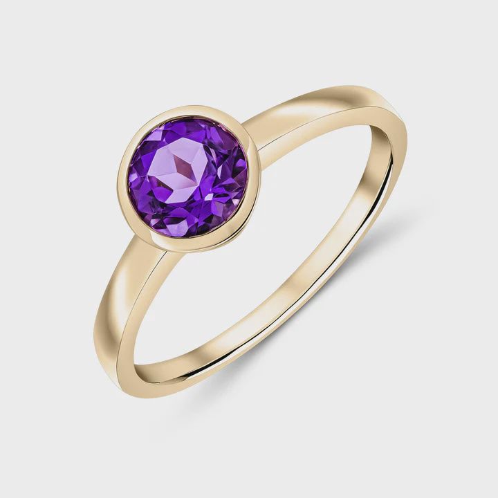 9ct Yellow Gold Round Amethyst Rubover Ring 6mm