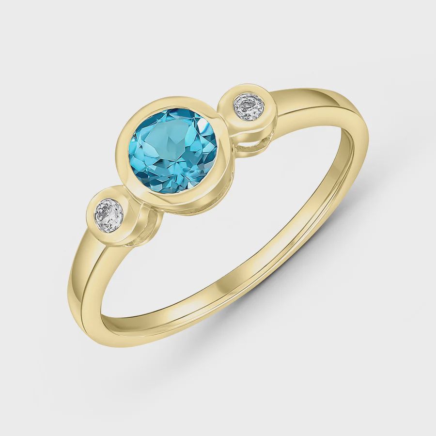 9ct Yellow Gold Round Swiss Blue Topaz &amp; Diamond Three Stone Ring 5mm