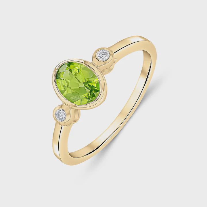 9ct Yellow Gold Oval Peridot &amp; Diamond Three Stone Ring