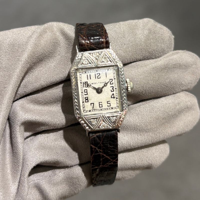 Pre-Owned Art Deco 18k Waltham Diamond Set Cocktail Watch Pre-Owned Art Deco 18k Waltham Diamond Set Cocktail Watch