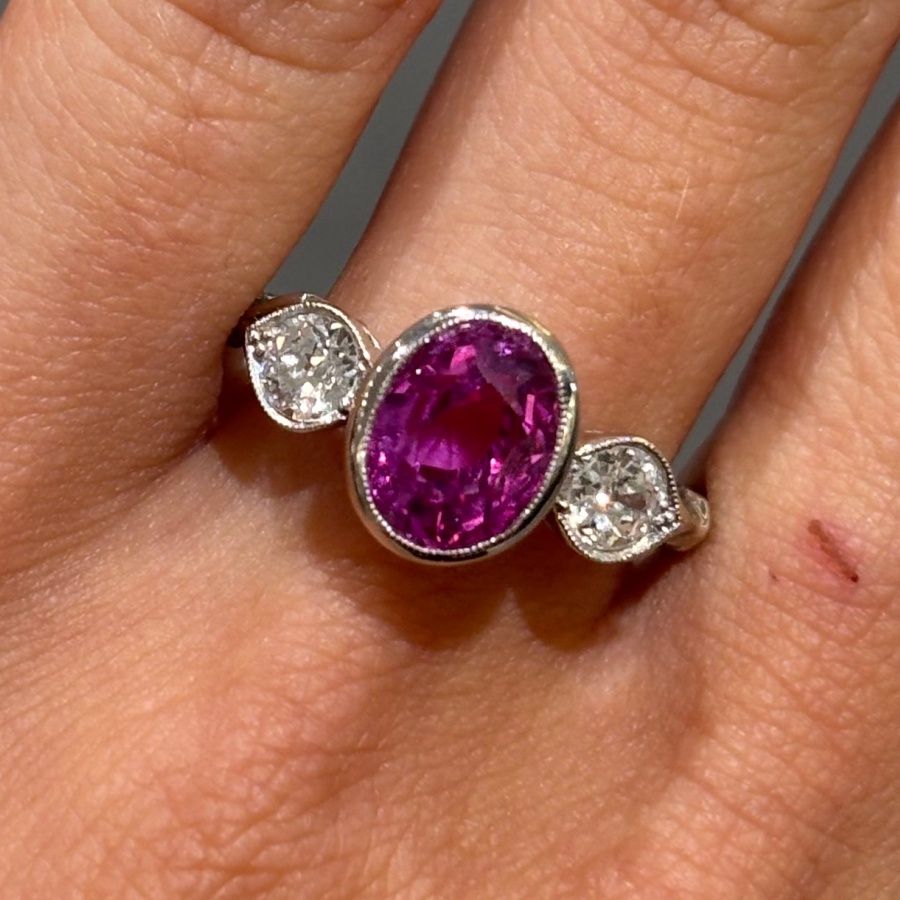 Pre-Owned Platinum 3.73ct Pink Sapphire &amp; 0.50ct Old European Cut Diamond Ring