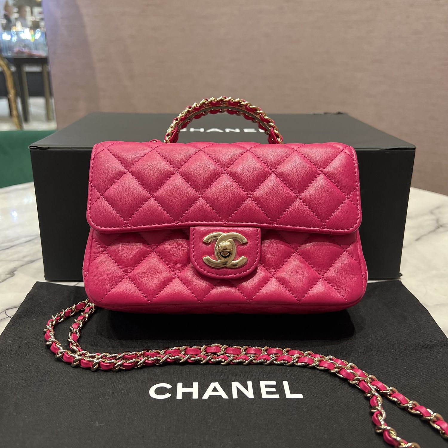 Pre-Owned Chanel 23a Dark Pink Mini Flap Bag with Jewelled Top Handle