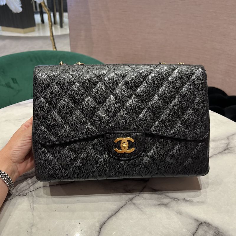 Pre-Owned Chanel Classic Jumbo Single Flap in Black Caviar with Gold Hardware