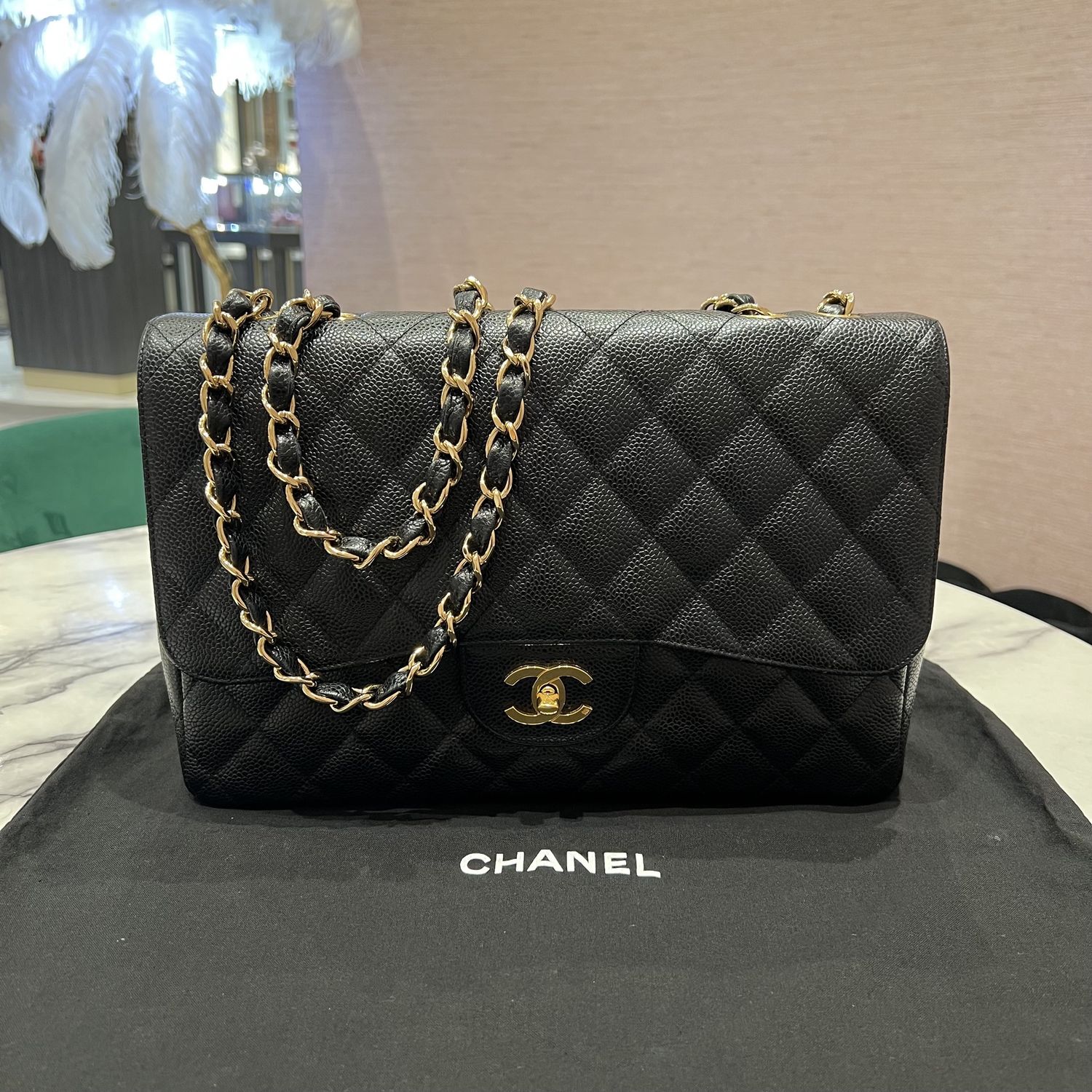 Pre-Owned Chanel Classic Jumbo Single Flap in Black Caviar with Gold Hardware