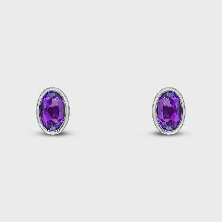 9CT White Gold Oval Amethyst Rubover Stud Earrings 5x3mm