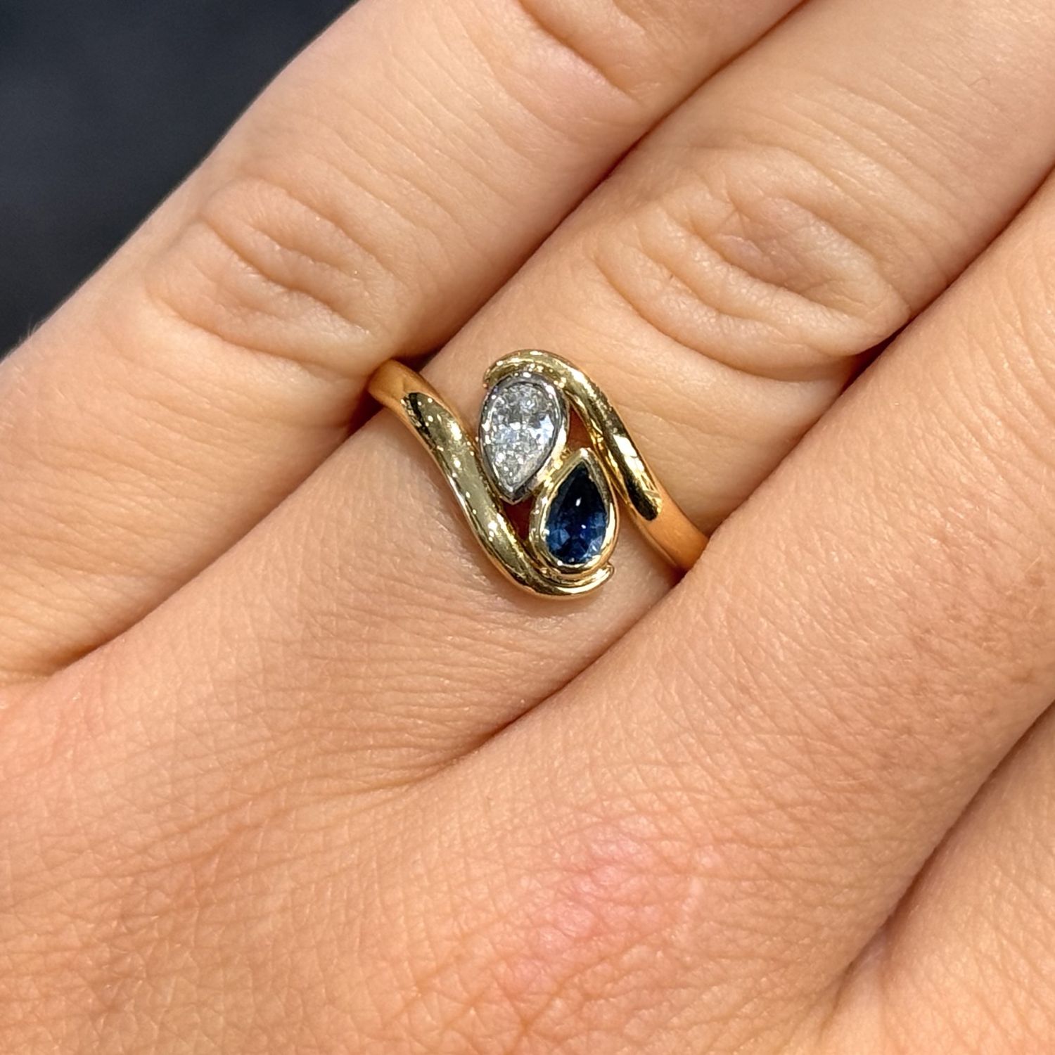Pre-Owned 18ct Yellow Gold 2 Stone Pear Diamond 0.24ct &amp; 0.30ct Sapphire Ring