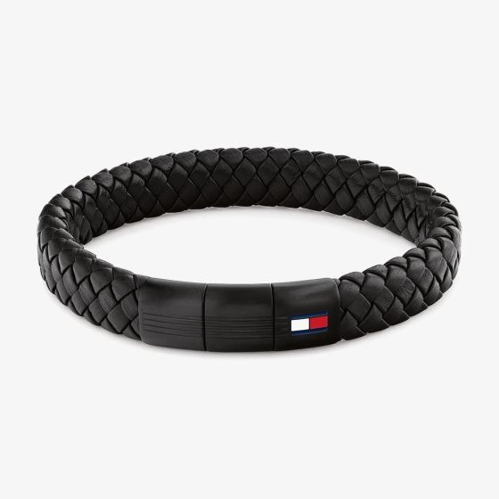 Tommy Hilfiger Black Clasp Braided Leather Bracelet