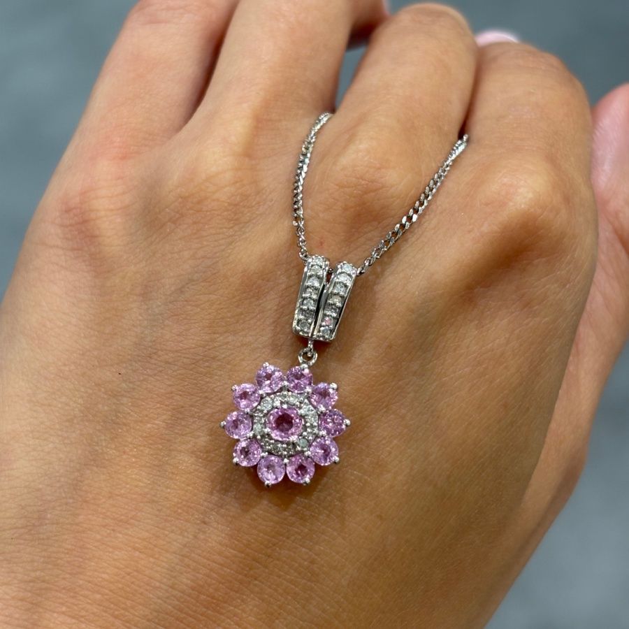 Pre-Owned 9ct White Gold 1.55ct Pink Sapphire &amp; 0.10ct Diamond Pendant
