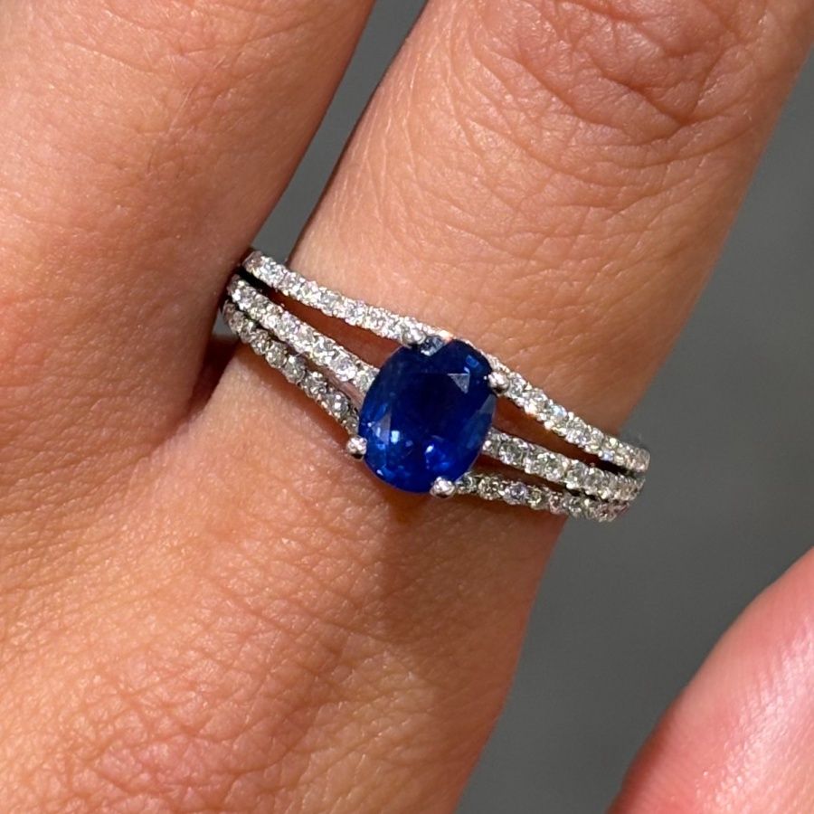 Pre-Owned 18ct White Gold 1.05ct Created Sapphire &amp; 0.30ct Diamond Ring