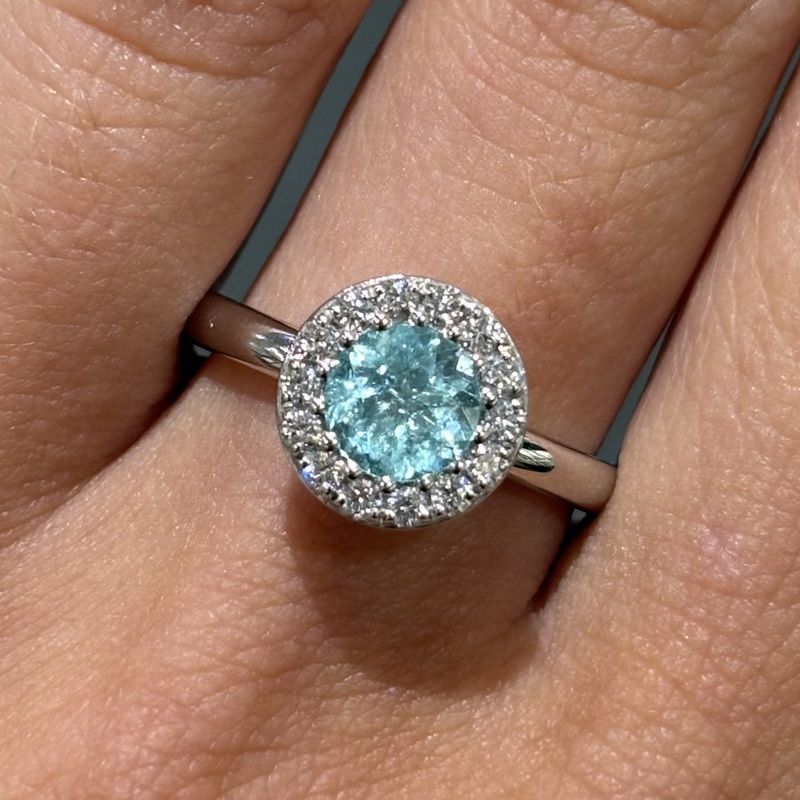 Platinum 0.78ct Round Paraiba & 0.21ct Diamond Halo Ring Platinum 0.78ct Round Paraiba & 0.21ct Diamond Halo Ring