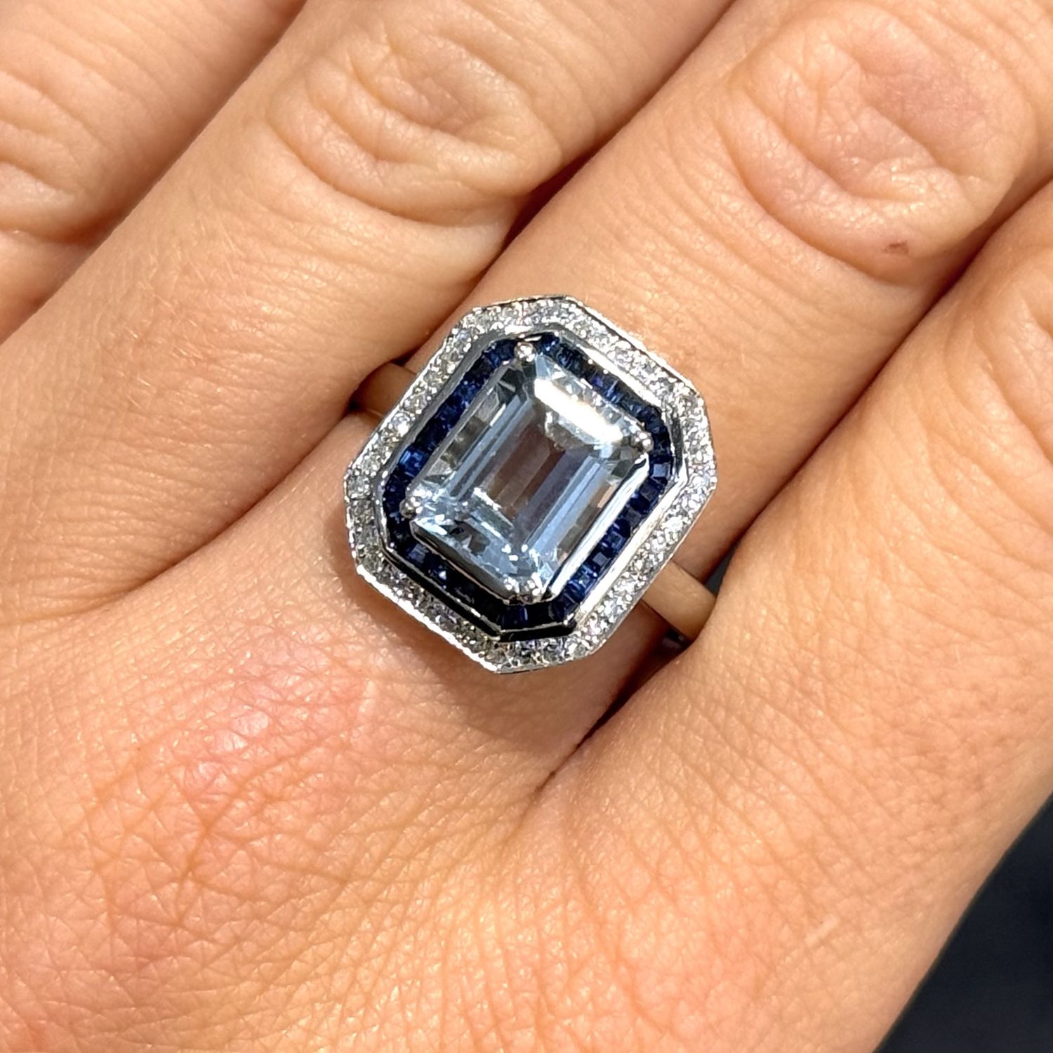 Pre-Owned Platinum 2ct Aquamarine Art Deco Style Sapphire &amp; Diamond  Ring