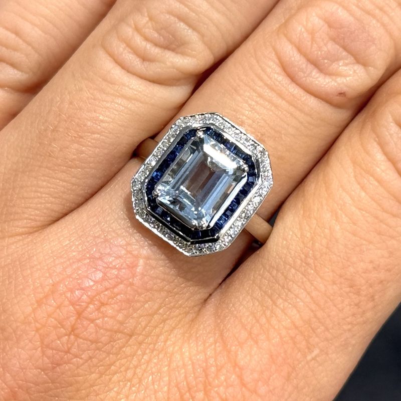 Pre-Owned Platinum 2ct Aquamarine Art Deco Style Sapphire &amp; Diamond  Ring