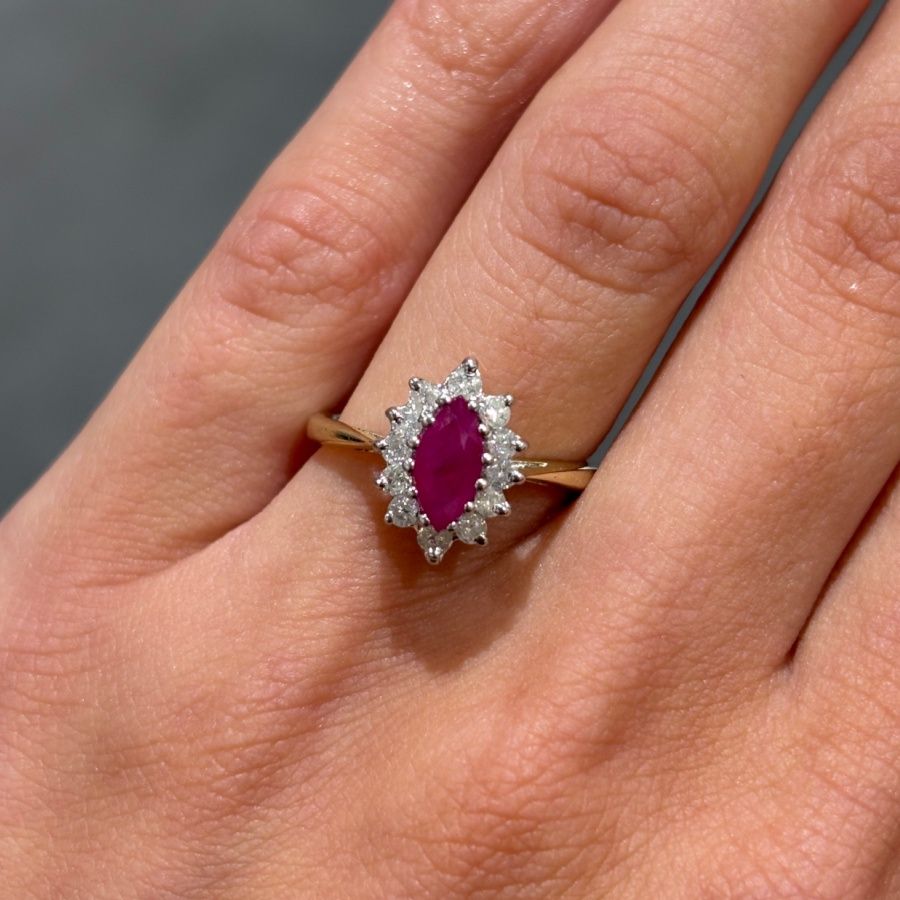 Pre-Owned 9ct Yellow Gold 0.34ct Marquise Ruby &amp; 0.12ct Diamond Ring