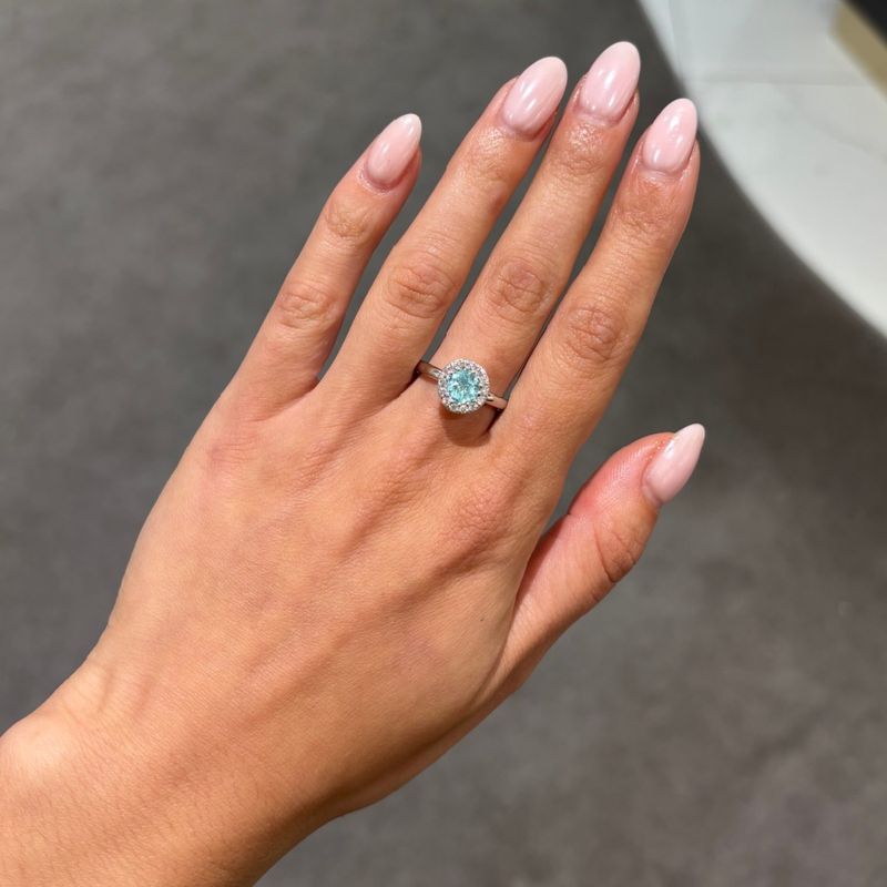 Platinum 0.78ct Round Paraiba &amp; 0.21ct Diamond Halo Ring