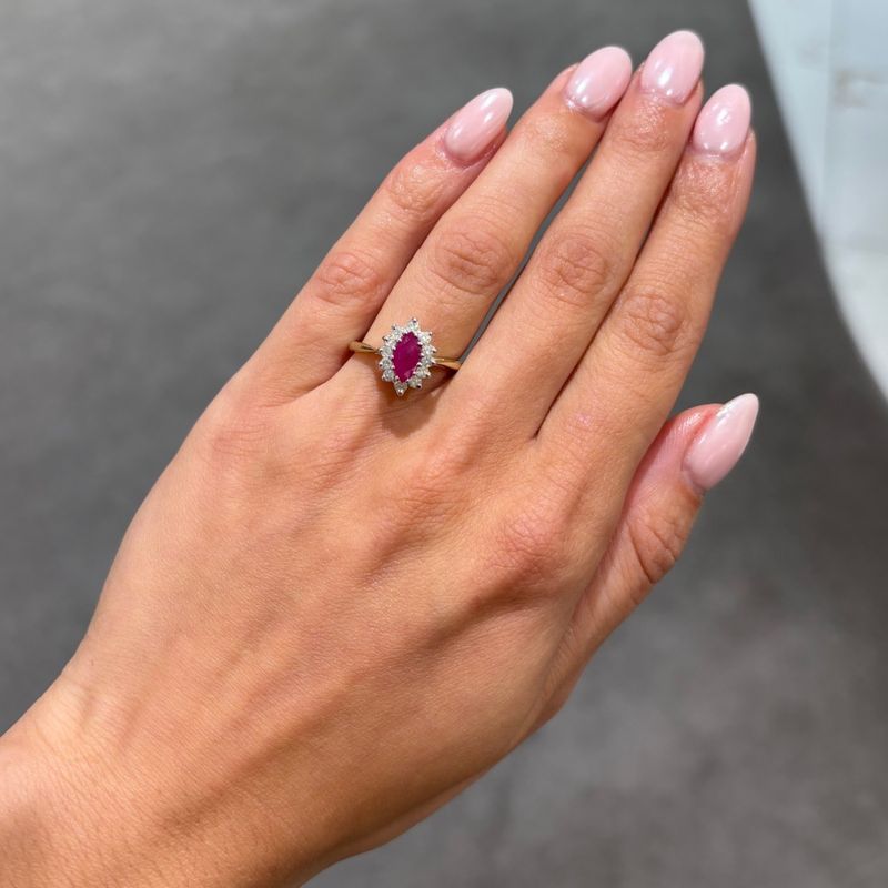 Pre-Owned 9ct Yellow Gold 0.34ct Marquise Ruby &amp; 0.12ct Diamond Ring