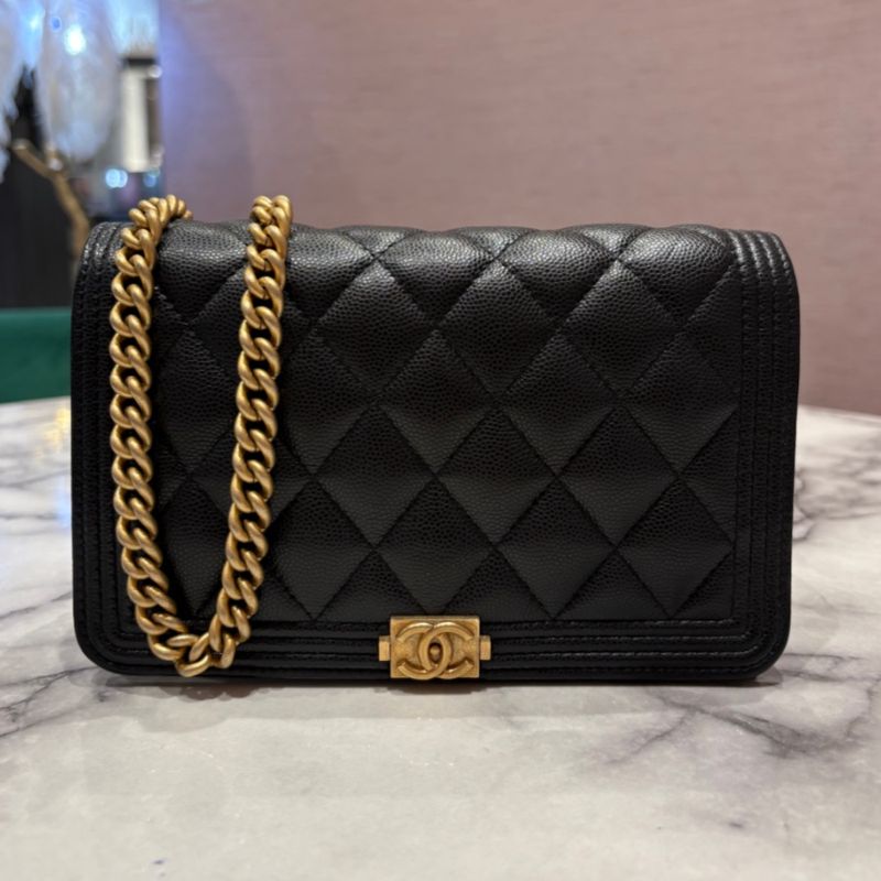Pre-Owned Chanel Boy Wallet on Chain in Black Caviar Leather