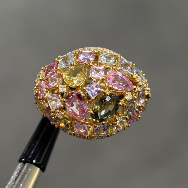 18ct Yellow Gold 5.40ct Multi-Sapphire &amp; 0.37ct Diamond Cluster Ring