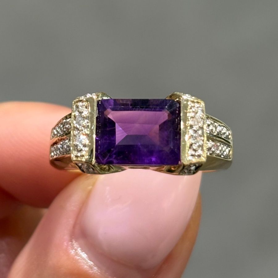 Pre-Owned 9ct Yellow Gold 1.70ct Emerald Cut Amethyst &amp; Diamond Ring