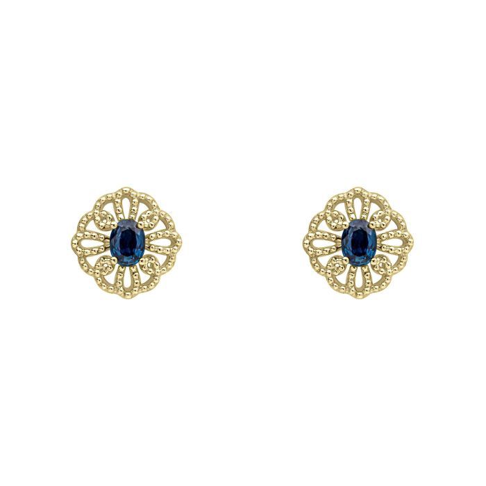 9ct Yellow Gold Ornate Sapphire Stud Earrings