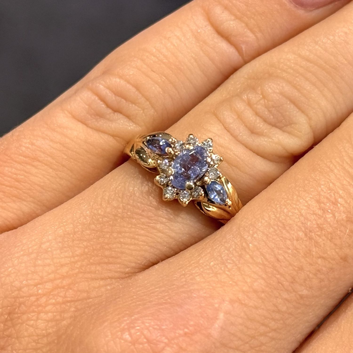 Pre-Owned 9ct Yellow Gold 0.65ct Tanzanite &amp; 0.10ct Diamond Cluster Ring