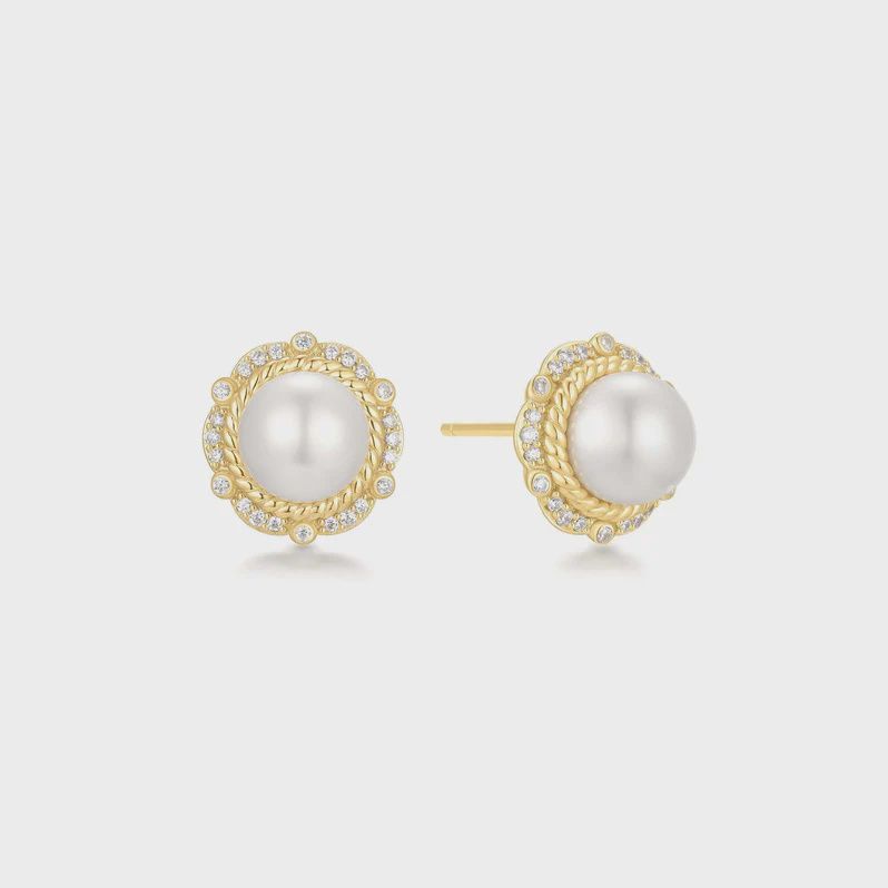 Gold Shell Pearl Bloom Stud Earrings