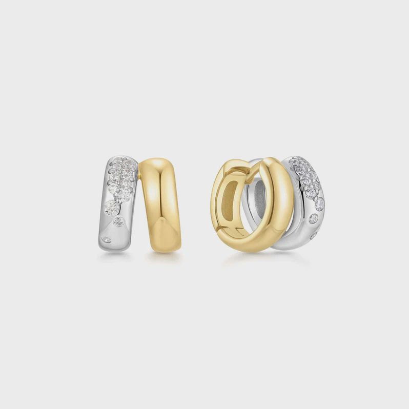 Zoom Two-Tone Sparkling Duet Mixed Huggie Hoop Earrings