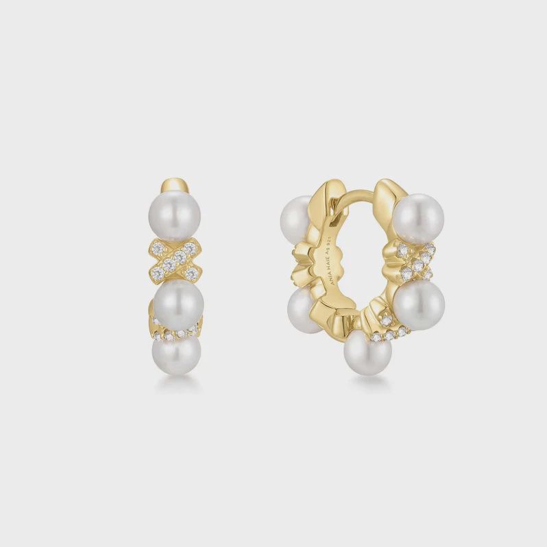 Gold Sparkling Braided Shell Pearl Huggie Hoop Earrings
