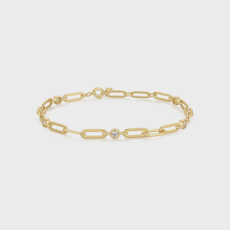 Gold Bezel Station Paper Clip Chain Bracelet