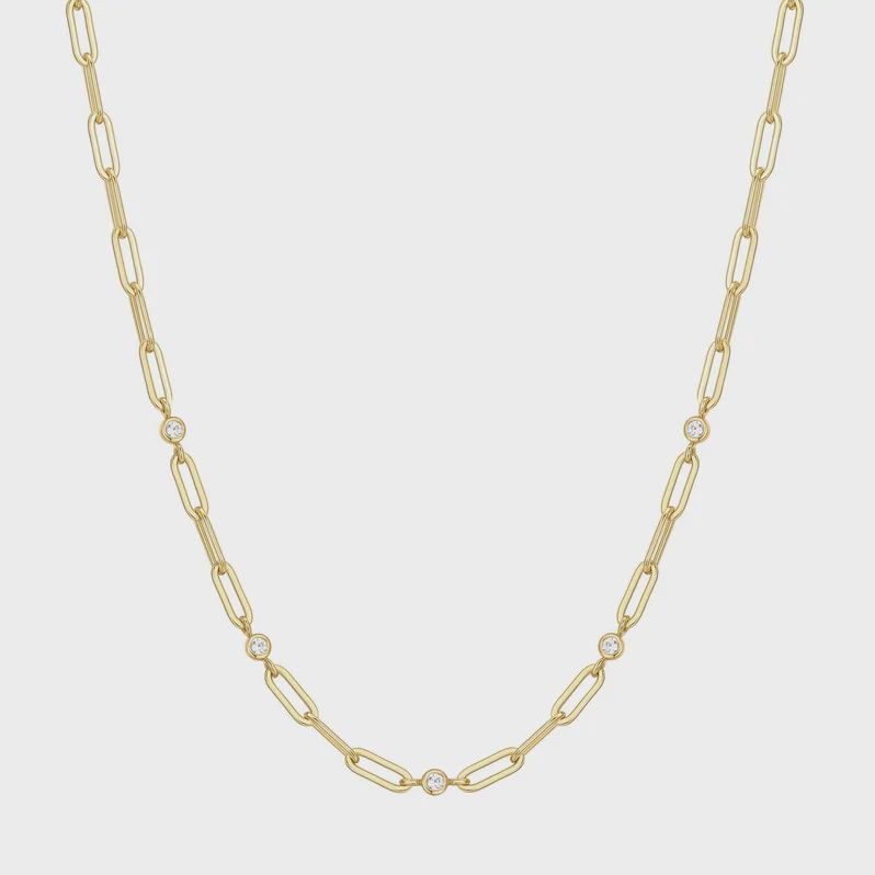 Gold Bezel Station Paper Clip Chain Necklace