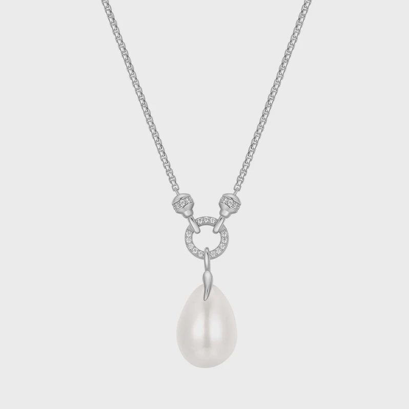 Silver Linked Shell Pearl Drop Pendant Necklace